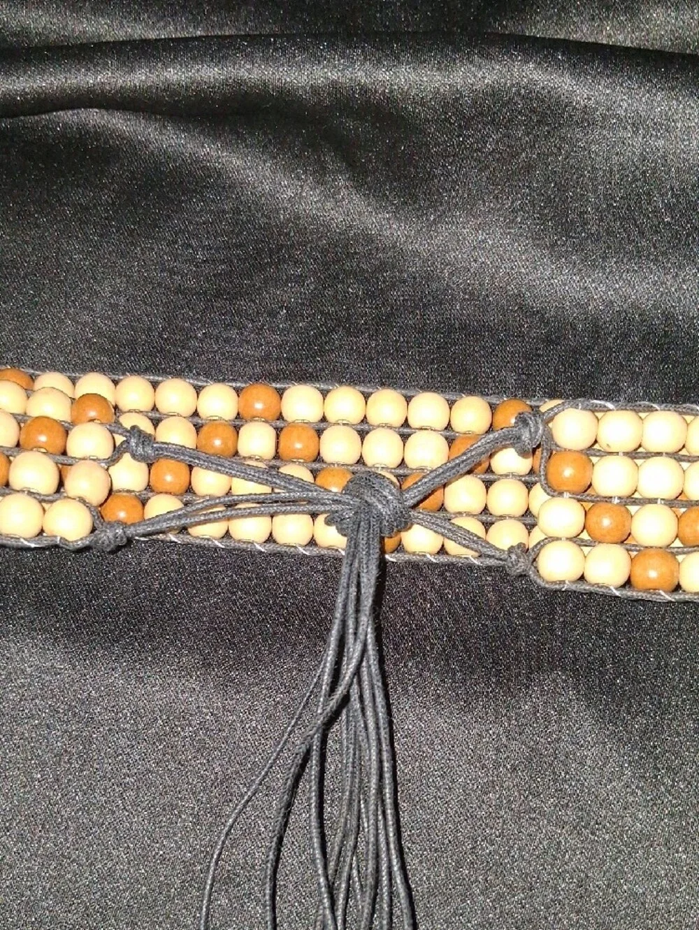 Wood Beaded Belt with Black Cord Tie - 36+ Inches